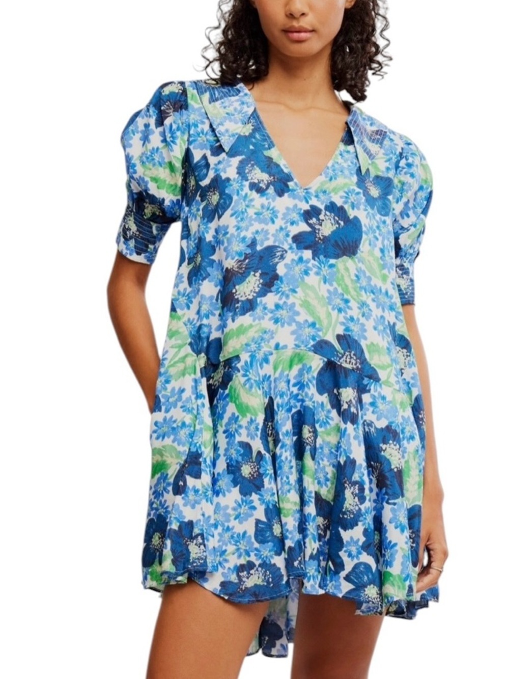 Free People Moon Chaser Tiered Shift Floral Minidress NWT S Bright Blue Combo